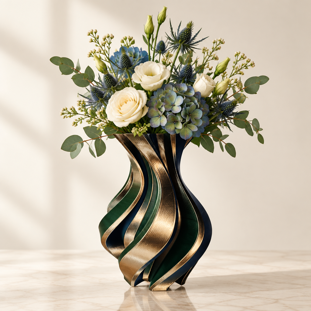 Vaso Twister Design Blu, Verde e Bronzo – stampa 3D Made in Italy, con fiori delicati abbinati
