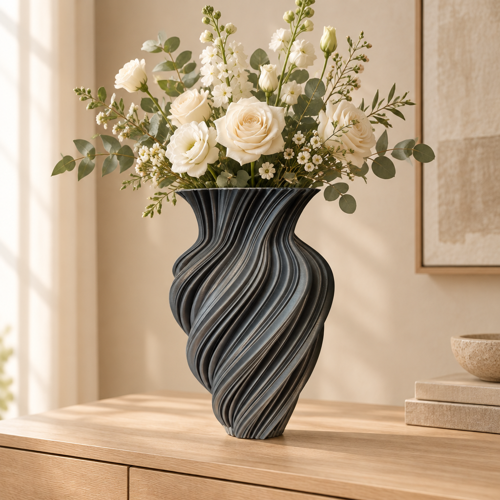 Vaso Vertigo grigio pietra con bouquet di fiori chiari